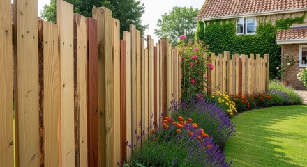 Modern garden design with wooden picket fence and vibrant flower beds. Landscaping inspiration for house and yard. Residential outdoor boundary.