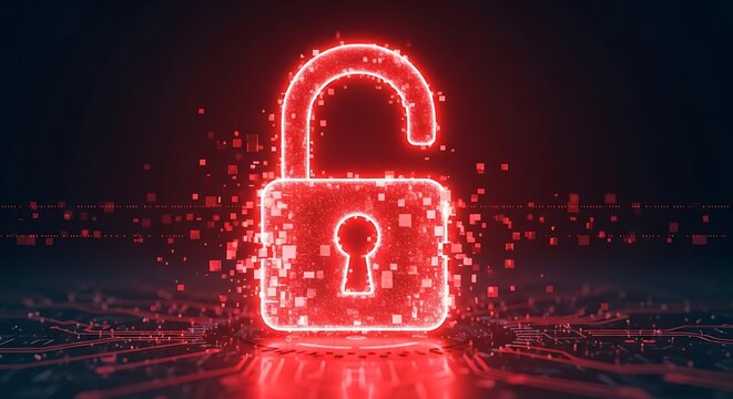 Glowing red, open digital padlock, vulnerable, disintegrating into particles on dark, futuristic circuit board, symbolizing cybersecurity breach, data vulnerability, or system compromise