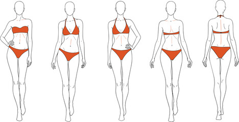 Female fashion figure templates in bikini front and back views, minimalist line art vector models for illustration reference, clothing design, body proportions, and pose drawing.