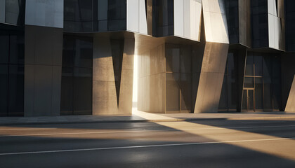 Striking modern building facade with sharp angles and reflective surfaces, ideal for showcasing urban design in advertisements.