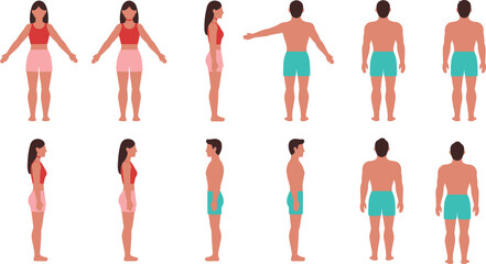 Front, side, and back views of male and female body silhouettes in flat vector style for anatomy reference, character design, posture studies, and illustration projects.