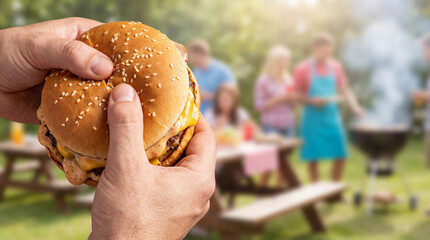 Hands Holding Juicy Cheeseburger at Outdoor Summer Barbecue Party