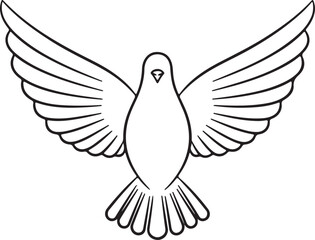 A simple black and white line drawing of a dove with its wings spread wide symbolizing peace and hope isolated on transparent background