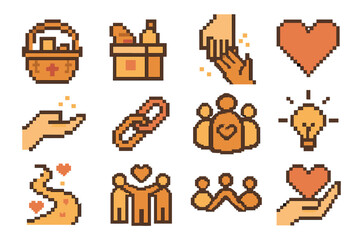 Kindness Community Icons. Community Kindness Icons pixel style icon set: donation basket, shared resources box, neighbor help hand, community heart, outreach gesture, kindness
