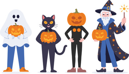 Halloween characters holding jack o lanterns including ghost black cat pumpkin head figure and wizard in festive costume illustration scene