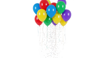 Colorful party balloons with falling confetti, isolated on transparent background