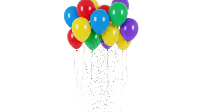 Colorful party balloons with falling confetti, isolated on transparent background - Powered by Adobe