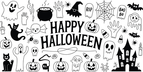 Hand drawn Happy Halloween doodles vector set featuring spooky ghosts pumpkins and lettering for holiday greeting cards
