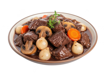 Classic boeuf bourguignon beef stew with vegetables, isolated on transparent background