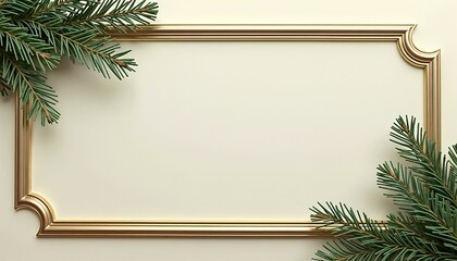 Elegant Christmas frame with delicate green pine needle corners on pastel surface