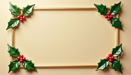 Festive holiday frame adorned with green holly leaves and red berries on neutral background
