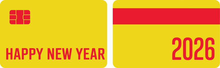 Happy New Year 2026 greeting card design featuring bold red typography, yellow background, modern layout, and festive celebratory style for holiday graphic themes