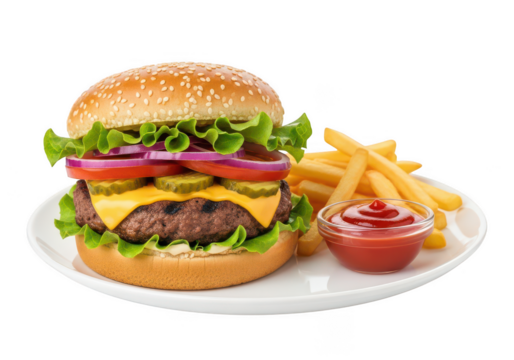 Juicy cheeseburger with french fries and ketchup on a white plate, isolated on transparent background