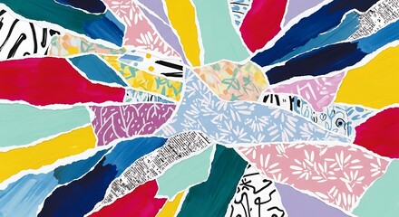 Vibrant and dynamic abstract collage background featuring a mosaic of torn paper pieces in diverse colors and patterns, creating an energetic, artistic, and visually rich texture