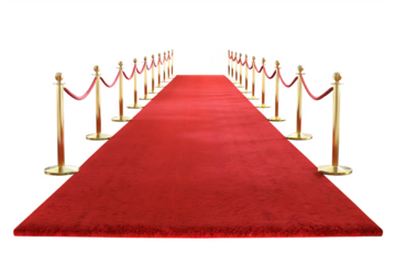 Red carpet with stanchions leading into the distance isolated on white background