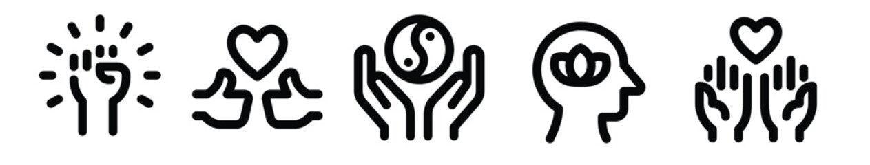 Wellness line icons representing health, fitness, yoga, and meditation.