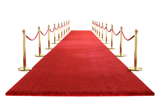 Red carpet with stanchions leading into the distance isolated on white background
