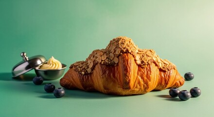 Flaky almond croissant with whipped butter and fresh blueberries on a vibrant teal background, delicious breakfast treat.