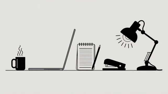 Modern minimalist desk setup featuring a laptop, notebook, pen, stapler, coffee mug, and desk lamp creating a clean workspace for productivity and focus
