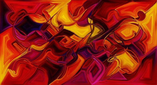 Vibrant abstract painting featuring a dynamic interplay of warm hues like fiery reds, oranges, and yellows, creating a sense of energetic movement and artistic expression