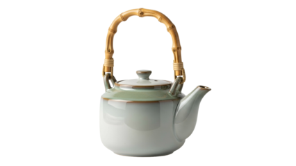 Asian-style teapot, ceramic body, bamboo handle, light green and tan accents