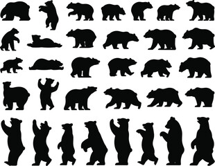 Large collection of wild bear silhouettes vector illustration set showing various poses like walking standing and roaring isolated on white background design