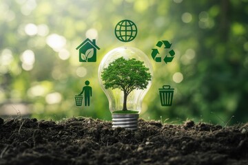 A light bulb with a tree inside and green icons floating around it on a blurred green background