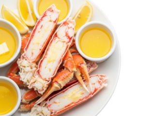 Cooked crab legs with melted butter and lemon slices on a white plate, isolated on transparent background