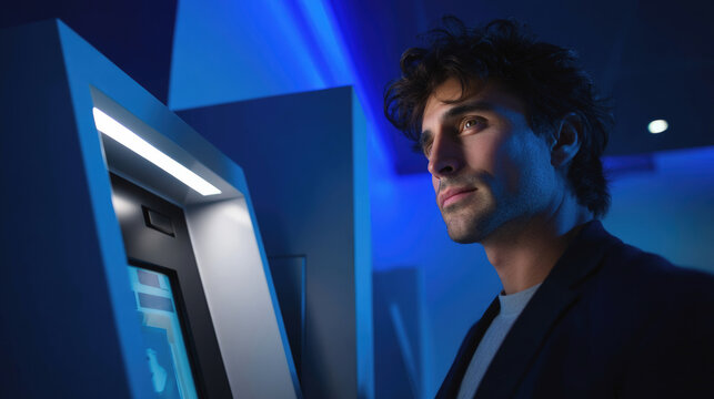 Man using ATM machine at night in modern futuristic setting.