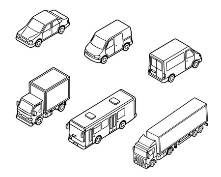 Isometric Commercial Vehicle Outline Icons Transportation Set including Sedan, Delivery Van, Box Truck, Bus, and Semi-Trailer Truck Line Art for Logistics & Travel Graphics.