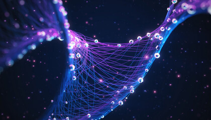 Abstract DNA Strand with Glowing Particles and Geometric Shapes