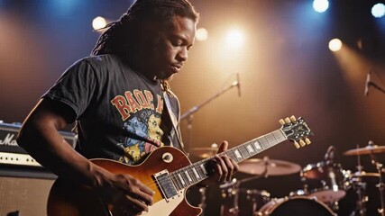 Man plays electric guitar on stage with drum set