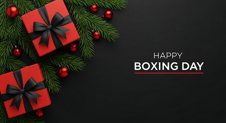 Elegant Happy Boxing Day gifts with black bows and festive decorations on dark background for post-Christmas sales and holiday promotions