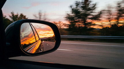 Car Side Mirror Reflecting Golden Sunset While Driving on Highway