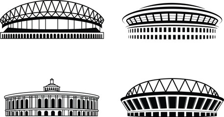 stadium and arena icons black silhouettes of sports buildings and government architecture isolated on white background for modern city logo design © Hasem Creative