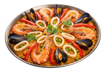 Delicious seafood paella with shrimp, mussels, and squid rings, isolated on transparent background
