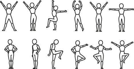 Stick figure pose illustrations showing various standing and action positions, clean line art vector set for drawing reference, animation guides, character design, and gesture studies.