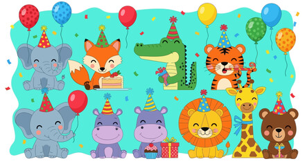 Cute Cartoon Animals Celebrating a Birthday Party with Balloons and Cake