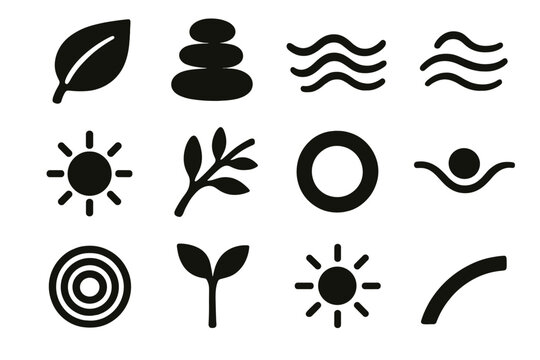Nature Balance Icons. Nature-Inspired Balance Elements Set silhouette icon set: leaf arc, smooth stone stack, flowing wave, gentle breeze line, soft sun, curved branch, balanced