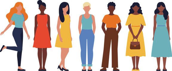 Vector illustration of diverse multicultural women group standing together wearing colorful casual fashion clothes isolated on white background for female community concept.