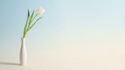 Single White Tulip Flower in Vase on Soft Blue Gradient Background with Copy Space