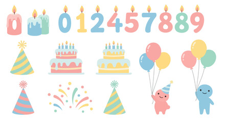 Cute birthday celebration elements including colorful candles, festive cakes, party hats, balloons, and confetti, perfect for party invitations and decorations