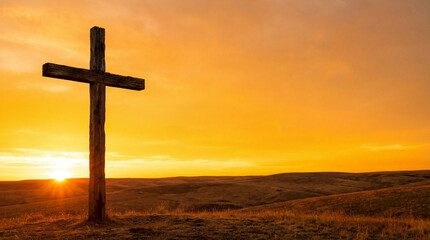 Rustic Wooden Cross on Grassy Hill at Golden Hour Sunset
