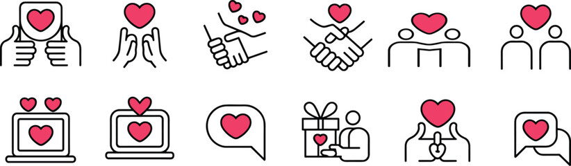 Vector line icons set of friendship and love symbols featuring hearts handshakes and people for community support charity and relationship concepts isolated on white.