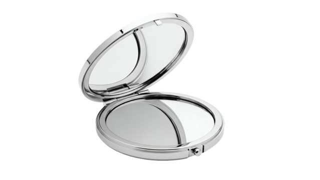 A silver, open compact mirror, reflecting light against a black backdrop