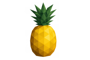 Pineapple low poly 3d rendering with a yellow fruit body and green leaves, presented on a transparent background
