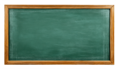 An empty green chalkboard with a wooden frame, isolated on transparent background. Perfect for educational design themes