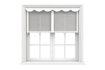 Classic white double hung window with blinds isolated on white background