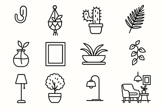 Minimalist Plant Icons. Home Plant Decor linear icon set. wall hook, macram&eacute; hanger, small cactus, fern leaf, glass vase, minimalist frame, ceramic planter, pebble base, trailing