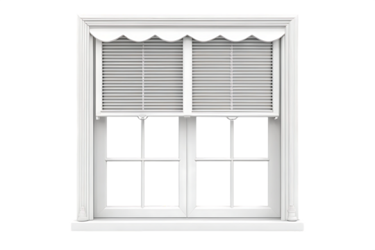 Classic white double hung window with blinds isolated on white background